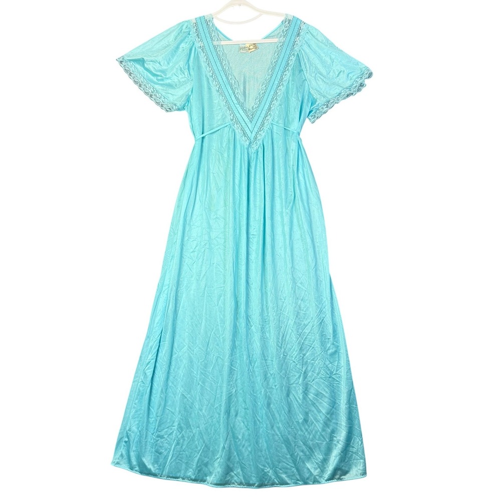 Vintage Jill Andrea Aqua Blue Lace Trim Flutter Sleeve Maxi Nightgown Large USA